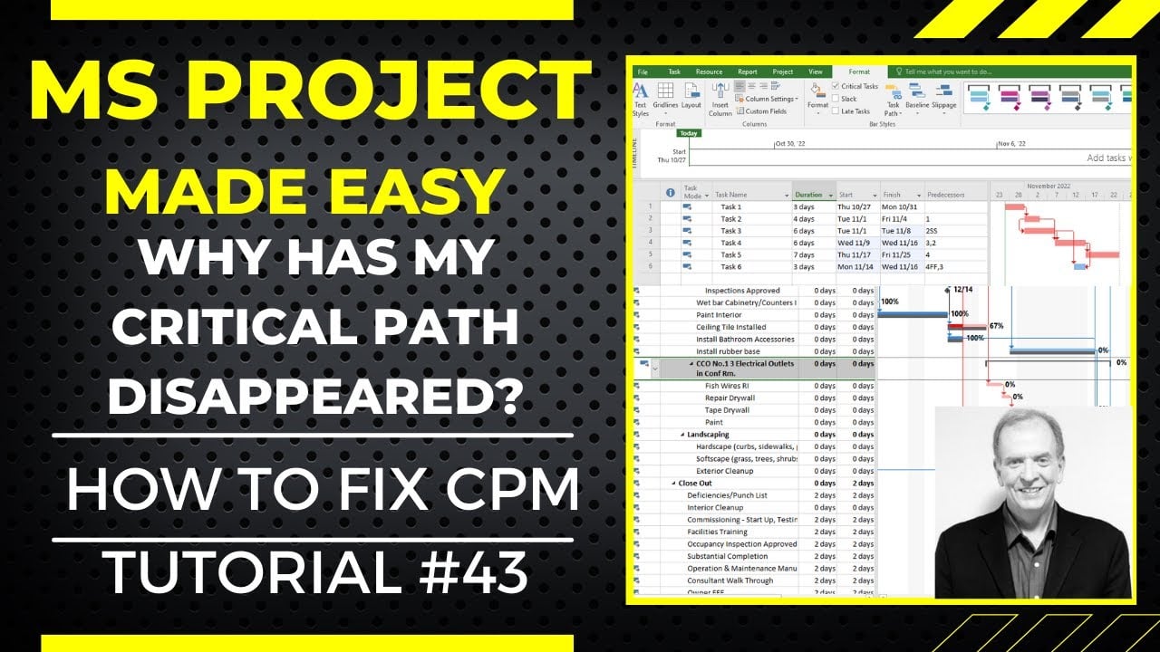 WHY HAS MY CRITICAL PATH DISAPPEARED? AND, HOW TO FIX IT. MS PROJECT MADE EASY TUTORIAL NO. 43