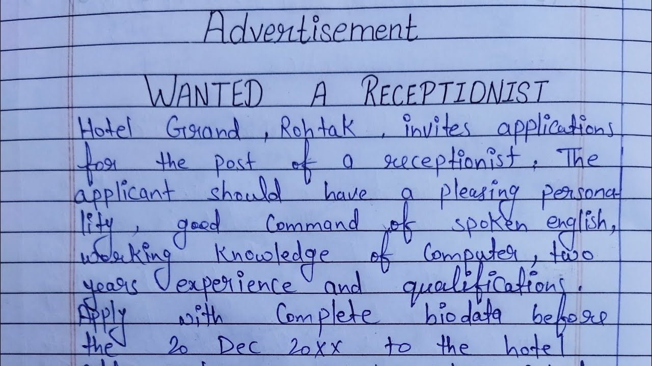 Situation vacant advertisement | How to write advertisement for wanted a receptionist