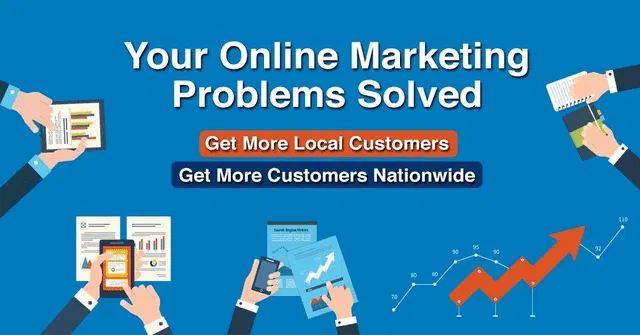 Various hands holding business reports and digital marketing tools surrounding text 'Your Online Marketing Problems Solved' on blue background, emphasizing tips for enhancing online marketing strategies and gaining more local and nationwide customers.