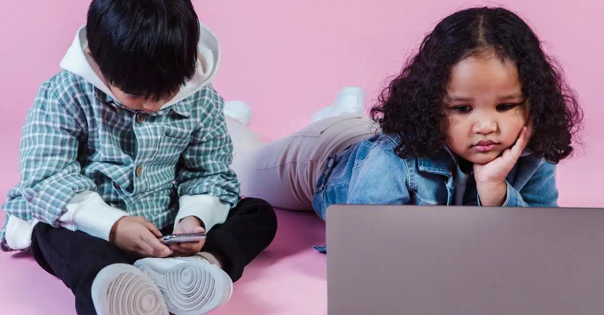 Two Young Children On A Pink Background Focused On A Laptop And Smartphone, Illustrating Digital Engagement, Relevant To Carpet Bomb Facebook Ads Strategy For Wide Audience Reach.