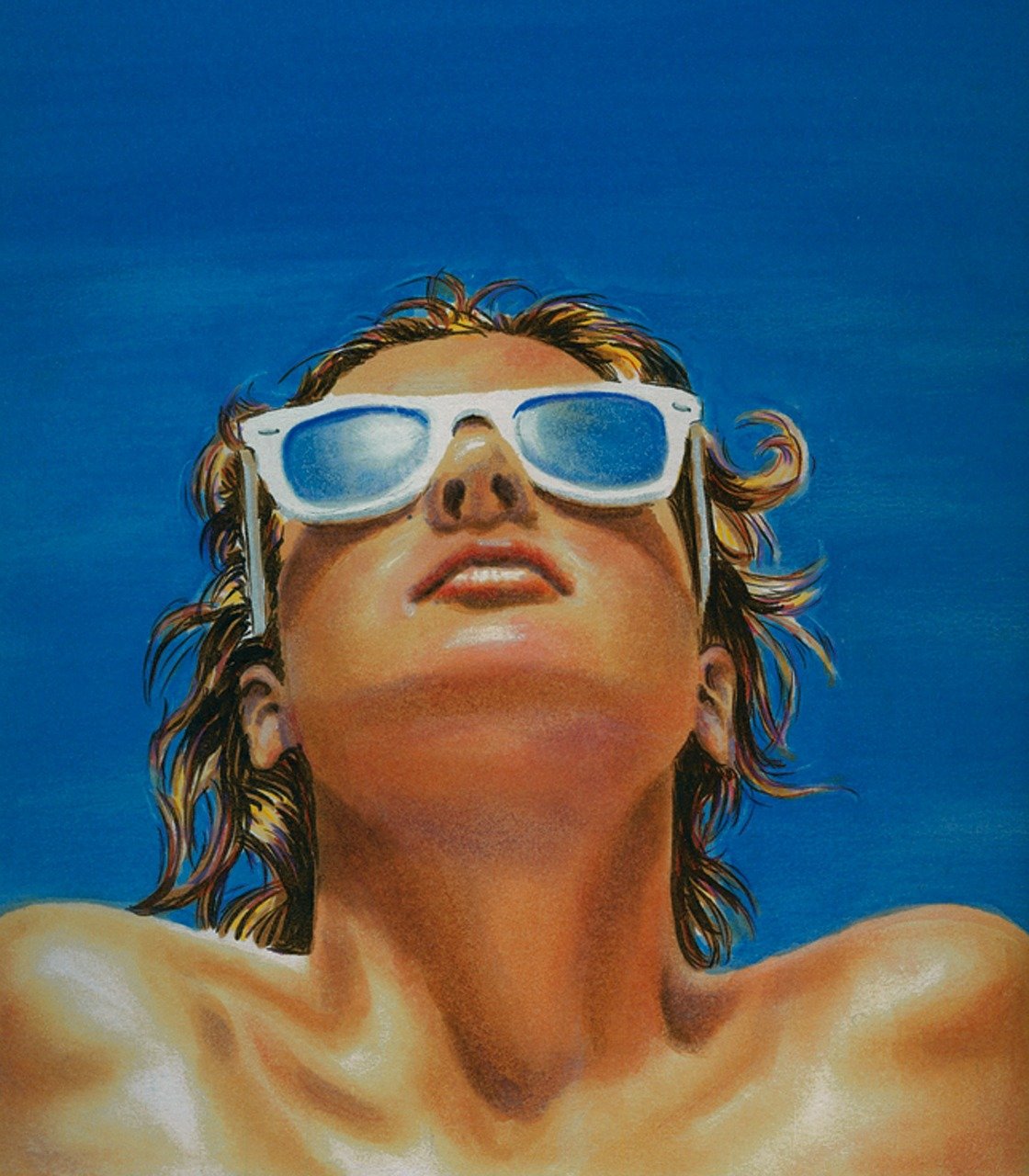 Illustration Of A Person With Sunglasses Looking Upwards Against A Bright Blue Sky Background, Embodying Summer Vibes And Coolness.